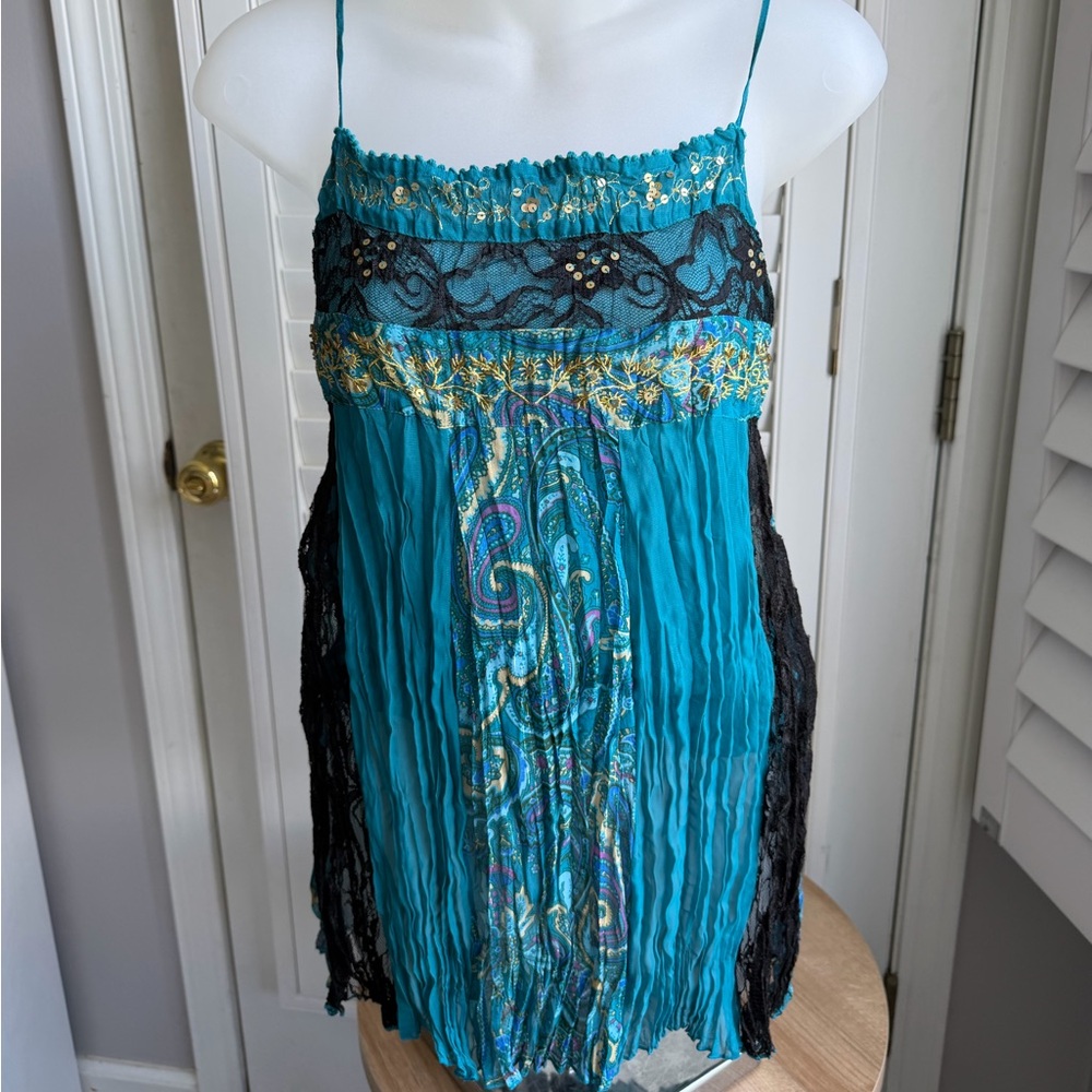 Teal Embroidered Spaghetti Strap Tank with Black Lace